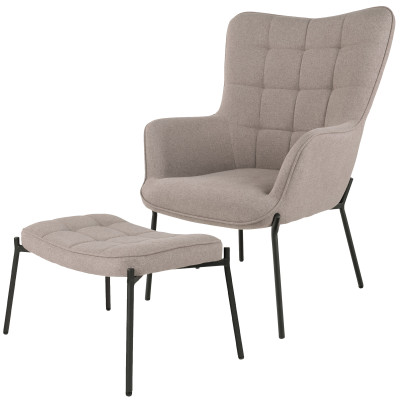 BORIS-Fauteuil et repose-pied vintage en tissu bouclé taupe