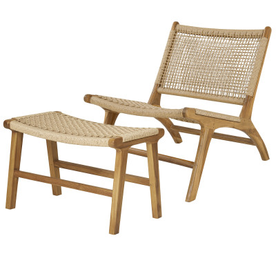TIKY-Fauteuil et repose-pied en teck et rotin