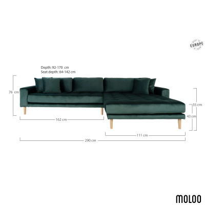 FRED-Ecksofa mit Chaiselongue rechts in tannengrünem Samt
