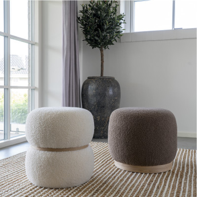 BUL-Pouf en tissu bouclé marron et bois ø44,5 cm