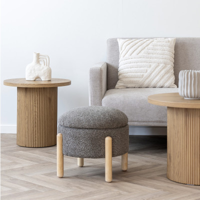 BOJO-Pouf contenitore in tessuto bouclé marrone e legno ø45 cm