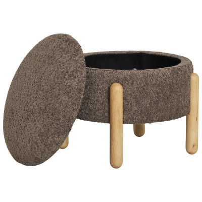 BOJO- Pouf avec rangement en tissu bouclé marron et bois ø45 cm