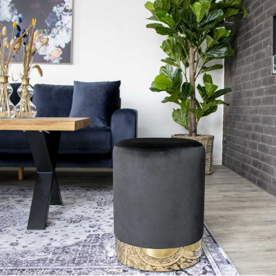MILLS-Pouf in velluto nero base color ottone ø34 cm