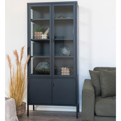 MAINE-Vitrina de cristal de 4 puertas en acero negro 80x180 cm