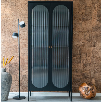 RETRO-Vitrina de 2 puertas en vidrio ondulado y acero negro 90x180cm