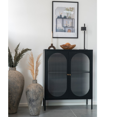 RETRO-Vitrine 2 portes en verre ondulé et acier noir 90x110 cm