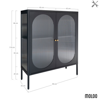 RETRO-Vitrina de 2 puertas en vidrio ondulado y acero negro 90x110cm