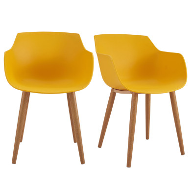 Chaise Scandinave Jaune - Tissu et Pieds Bois - Dossier et accoudoirs - Lot de 2