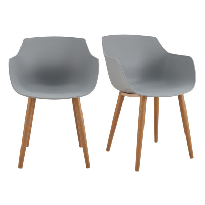 Chaise Scandinave Grise - Tissu et Pieds Bois - Dossier et accoudoirs - Lot de 2