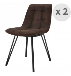 LILY - Chaise industrielle microfibre vintage marron pieds métal noir (x2)